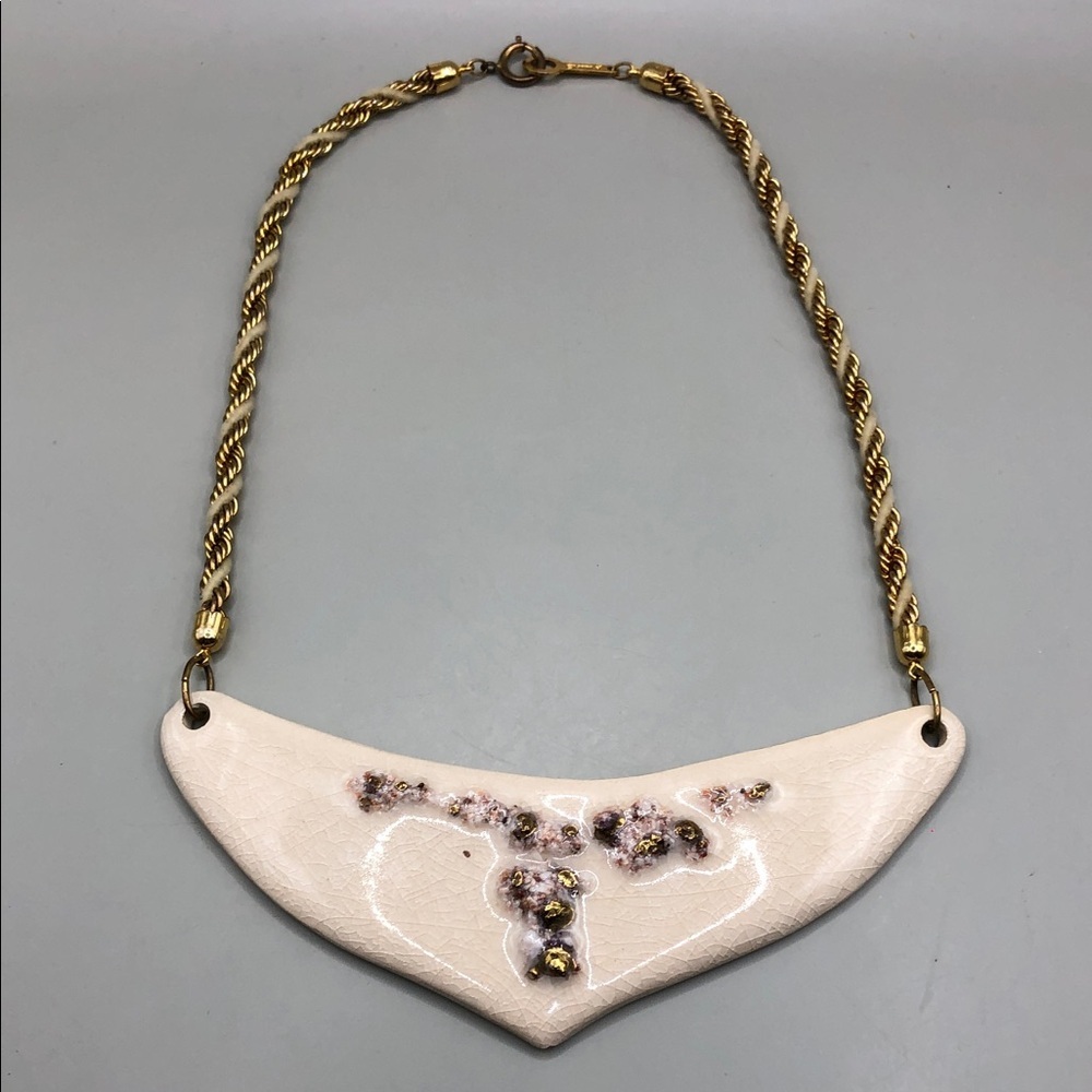 Vintage Guma Spain Art to Wear Ceramic Statement Necklace Gold Tone Chain Collar